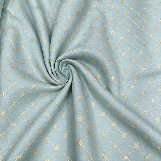 Ice Blue Sequin Embroidered Linen Fabric | Diamond Lattice Designer Dress Material