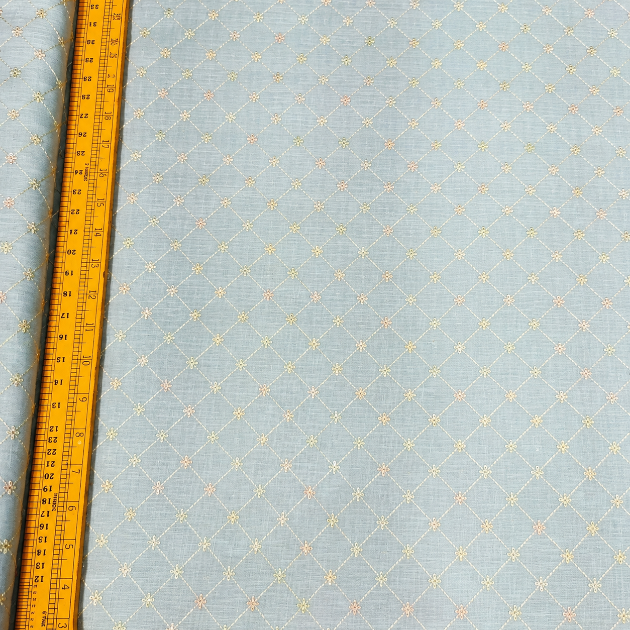 Ice Blue Sequin Embroidered Linen Fabric | Diamond Lattice Designer Dress Material