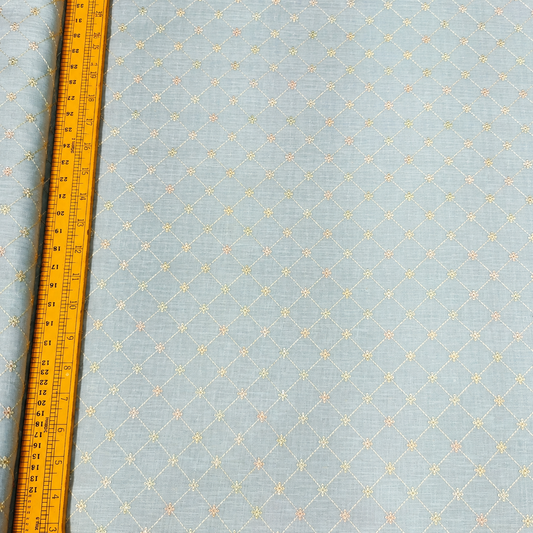 Ice Blue Sequin Embroidered Linen Fabric | Diamond Lattice Designer Dress Material