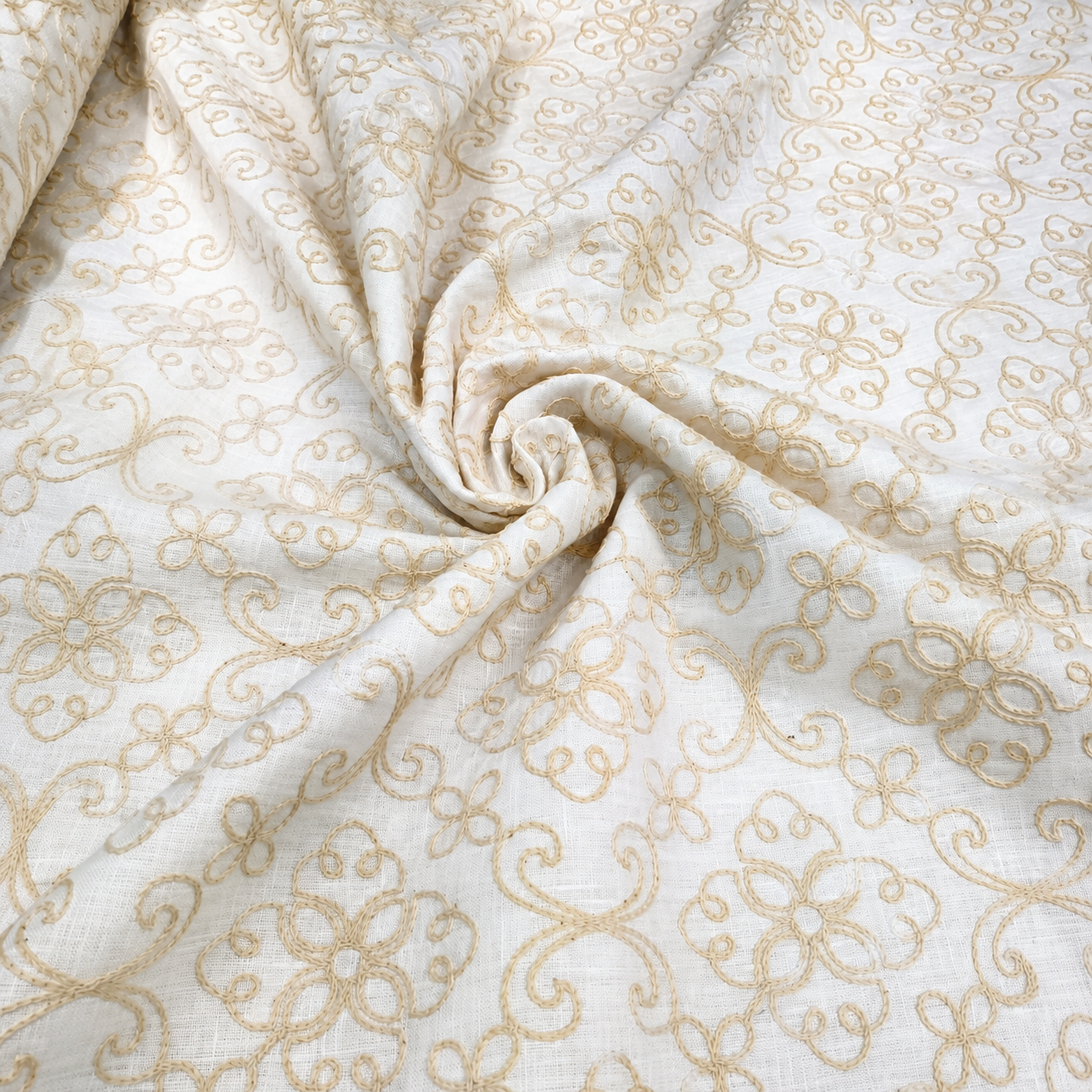 Ivory White Floral Embroidered Linen Fabric | Premium Designer Thread Work Dress Material