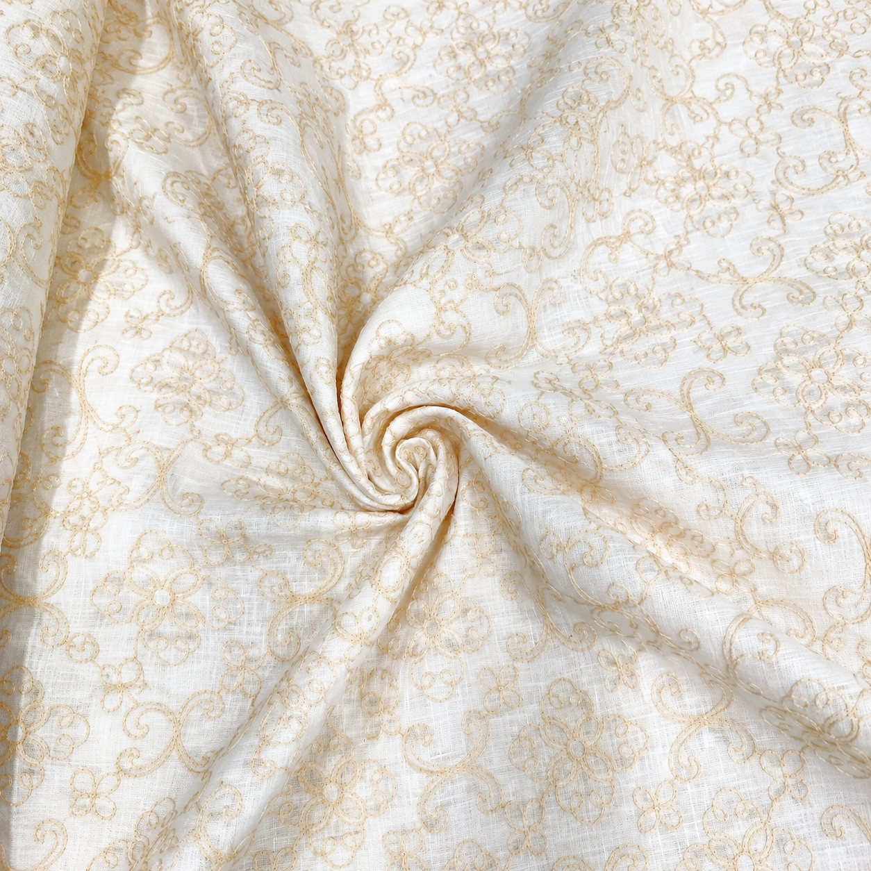 Ivory White Floral Embroidered Linen Fabric | Premium Designer Thread Work Dress Material