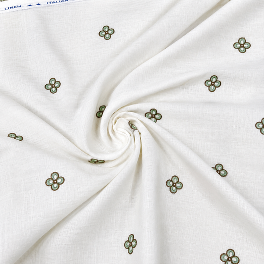 White Linen Fabric with Mint Green Floral Embroidery | Premium Designer Embroidered Dress Material