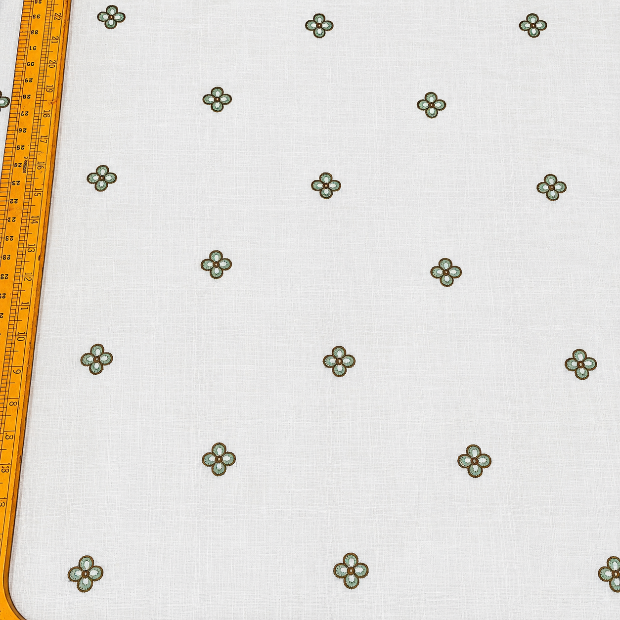 White Linen Fabric with Mint Green Floral Embroidery | Premium Designer Embroidered Dress Material