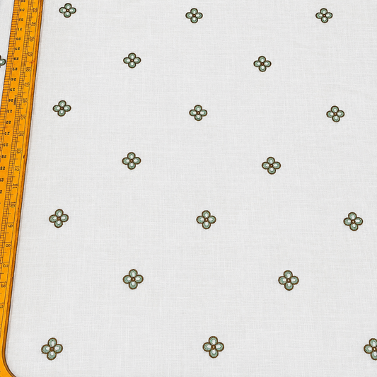 White Linen Fabric with Mint Green Floral Embroidery | Premium Designer Embroidered Dress Material