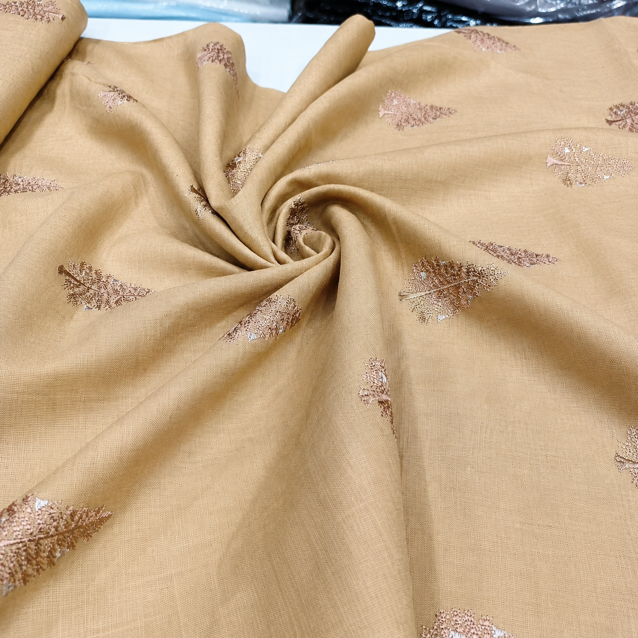 Beige Linen Fabric with Leaf Embroidery | Premium Designer Embroidered Dress Material