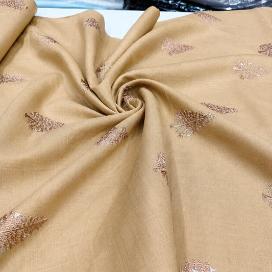 Beige Linen Fabric with Leaf Embroidery | Premium Designer Embroidered Dress Material