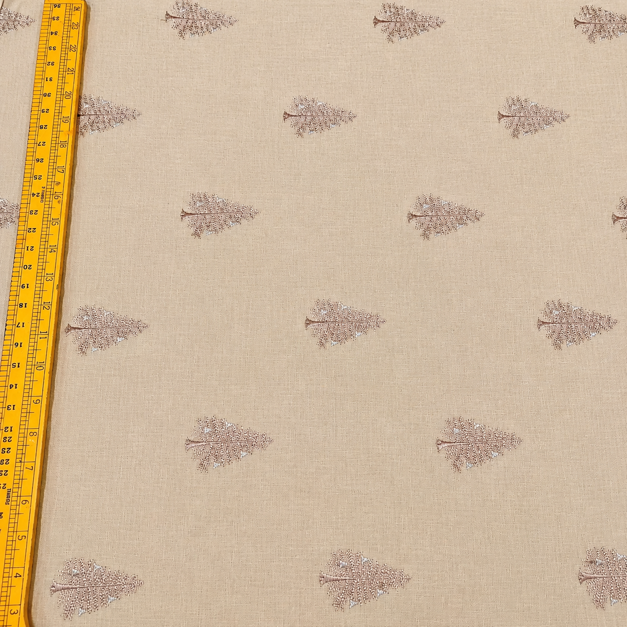 Beige Linen Fabric with Leaf Embroidery | Premium Designer Embroidered Dress Material