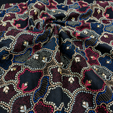 Charcoal Black Linen Embroidery Fabric with Royal Blue & Wine Abstract Floral Design | Premium Designer Dress Material