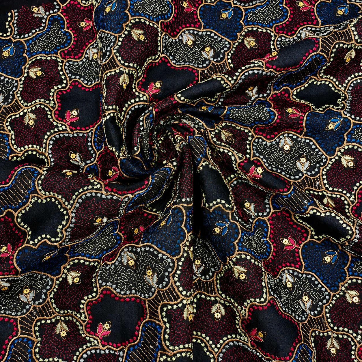 Charcoal Black Linen Embroidery Fabric with Royal Blue & Wine Abstract Floral Design | Premium Designer Dress Material