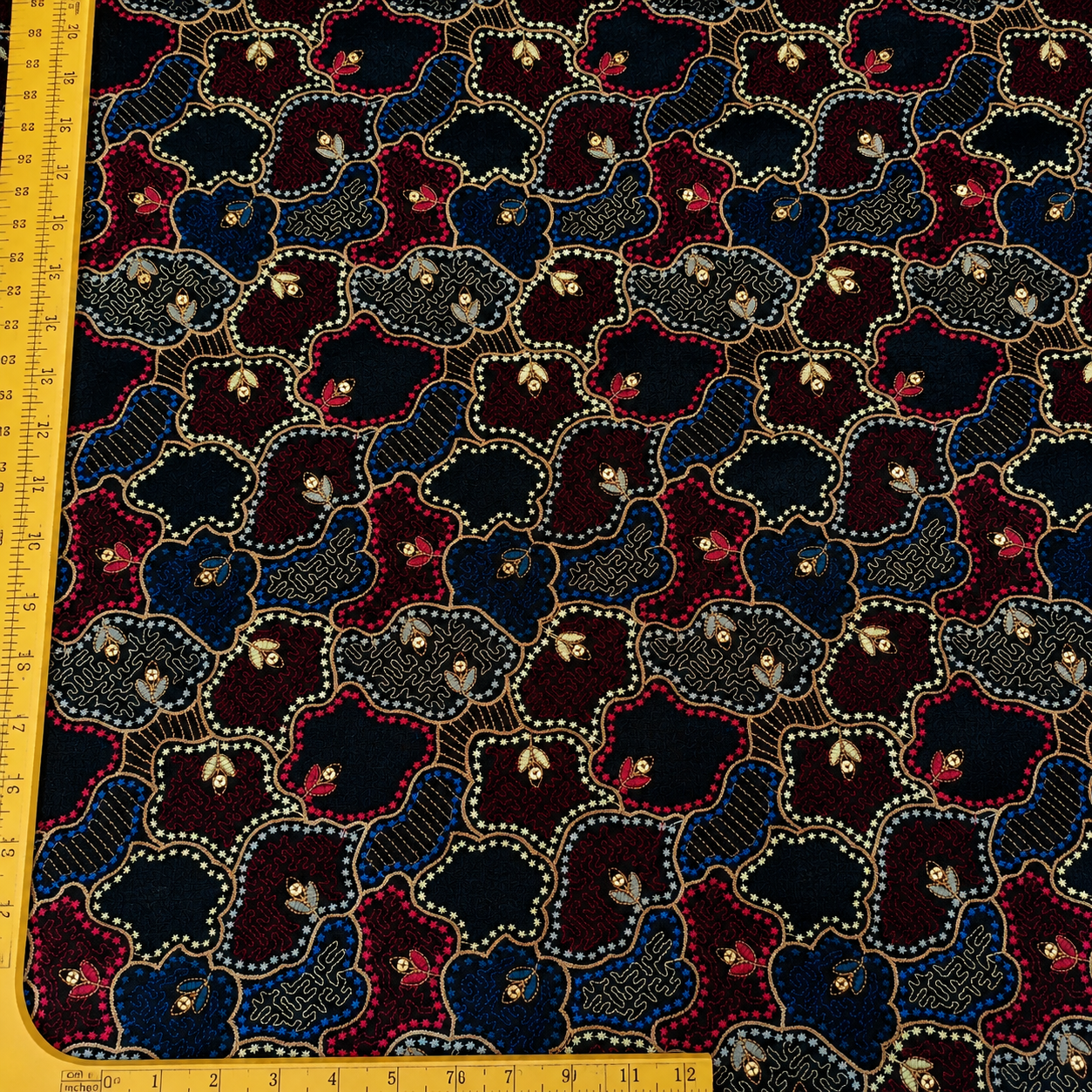 Charcoal Black Linen Embroidery Fabric with Royal Blue & Wine Abstract Floral Design | Premium Designer Dress Material