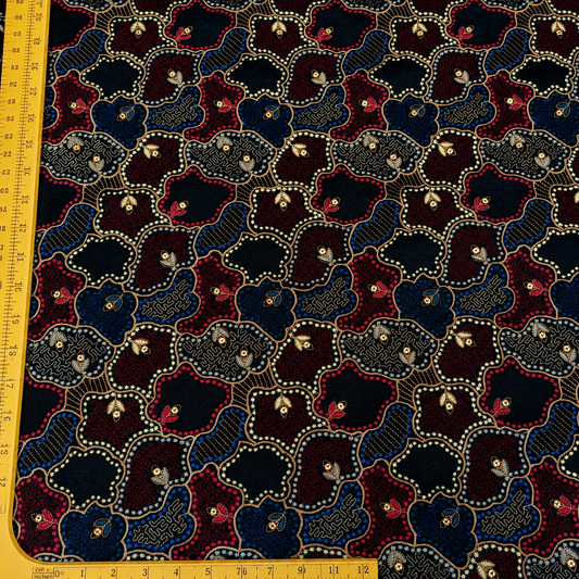 Charcoal Black Linen Embroidery Fabric with Royal Blue & Wine Abstract Floral Design | Premium Designer Dress Material