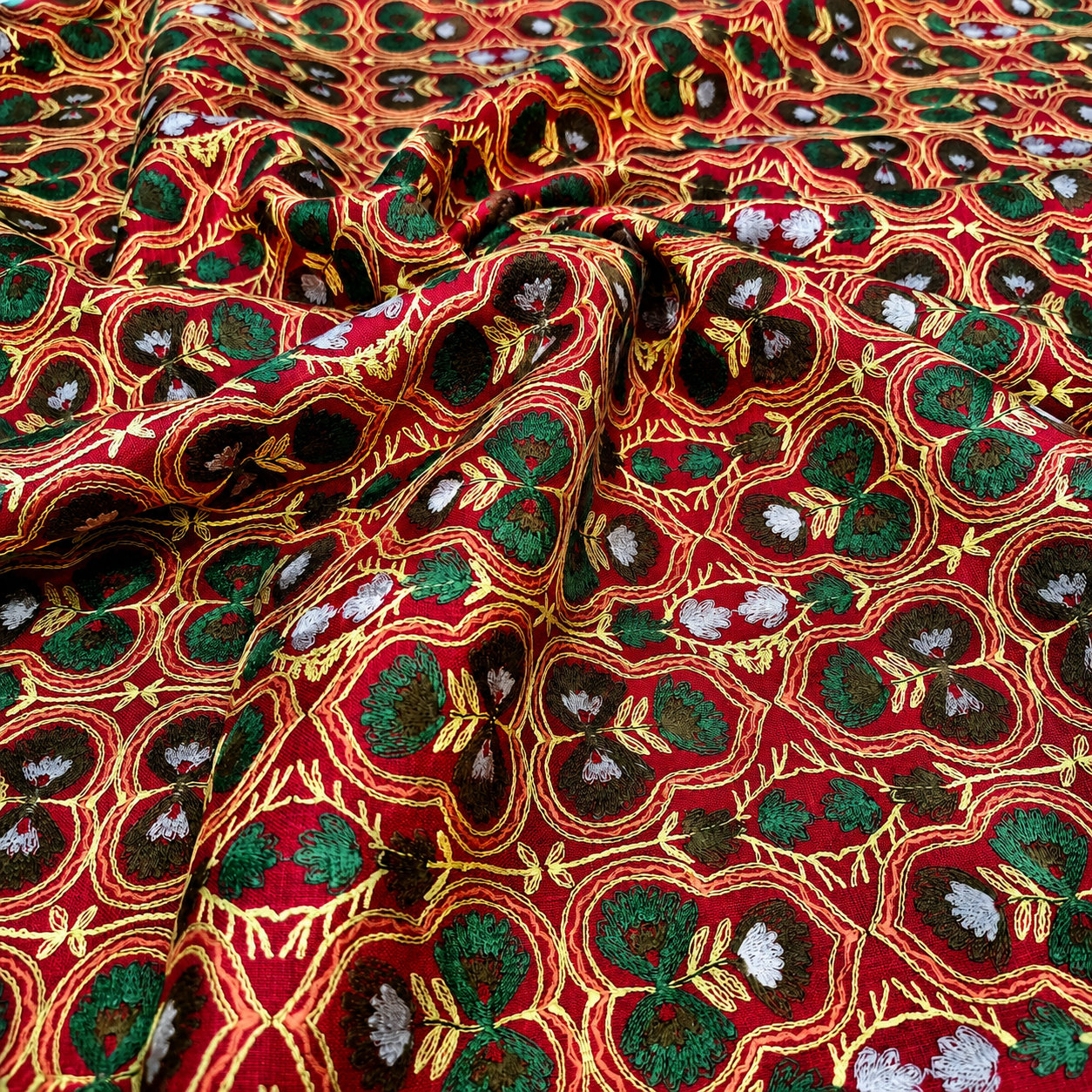 Rani Pink Linen Embroidery Fabric with Teal Floral Vine Design | Premium Designer Dress Material