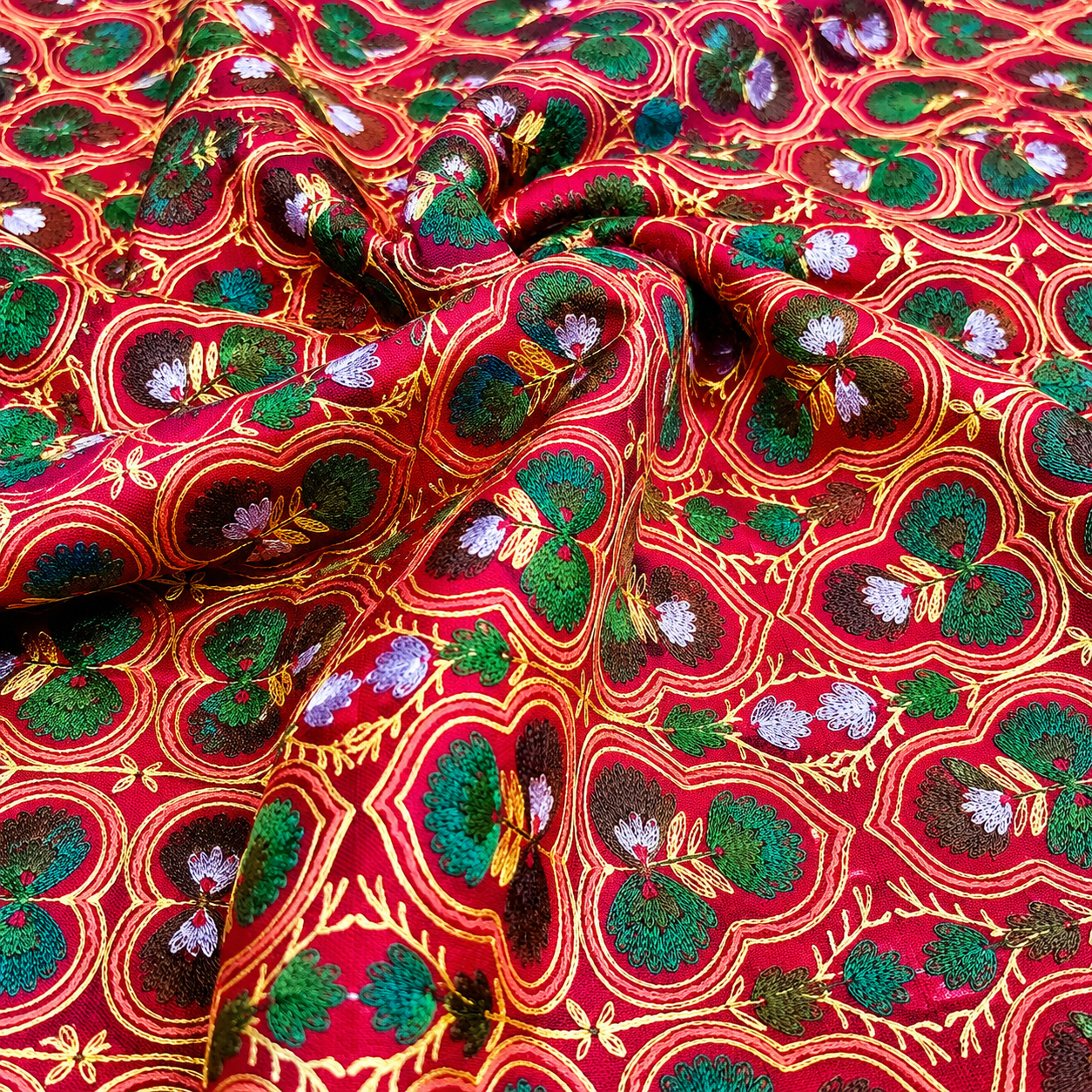 Rani Pink Linen Embroidery Fabric with Teal Floral Vine Design | Premium Designer Dress Material