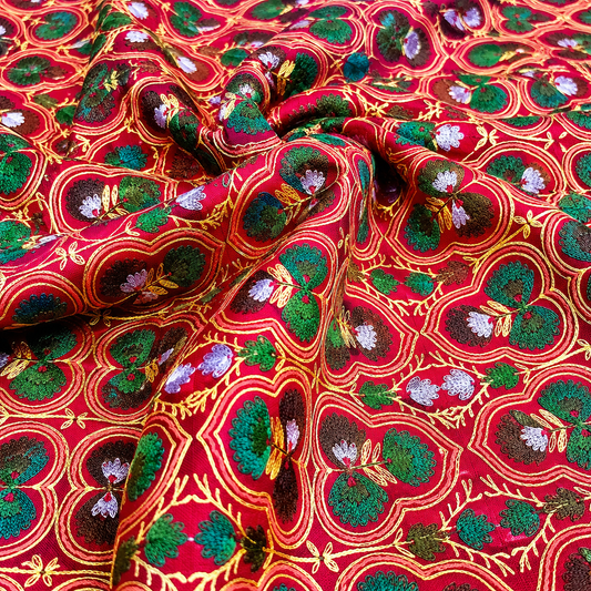 Rani Pink Linen Embroidery Fabric with Teal Floral Vine Design | Premium Designer Dress Material
