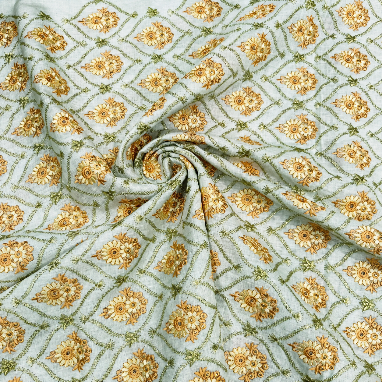 Powder Blue Linen Embroidery Fabric with Floral Buta & Sage Green Trellis Design | Designer Dress Material