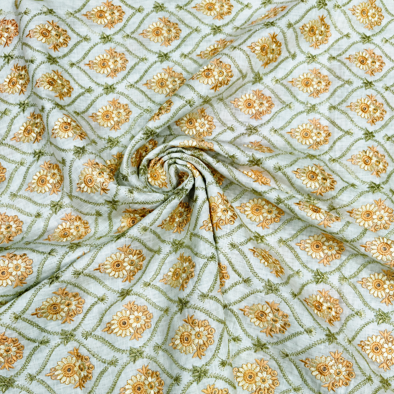Powder Blue Linen Embroidery Fabric with Floral Buta & Sage Green Trellis Design | Designer Dress Material