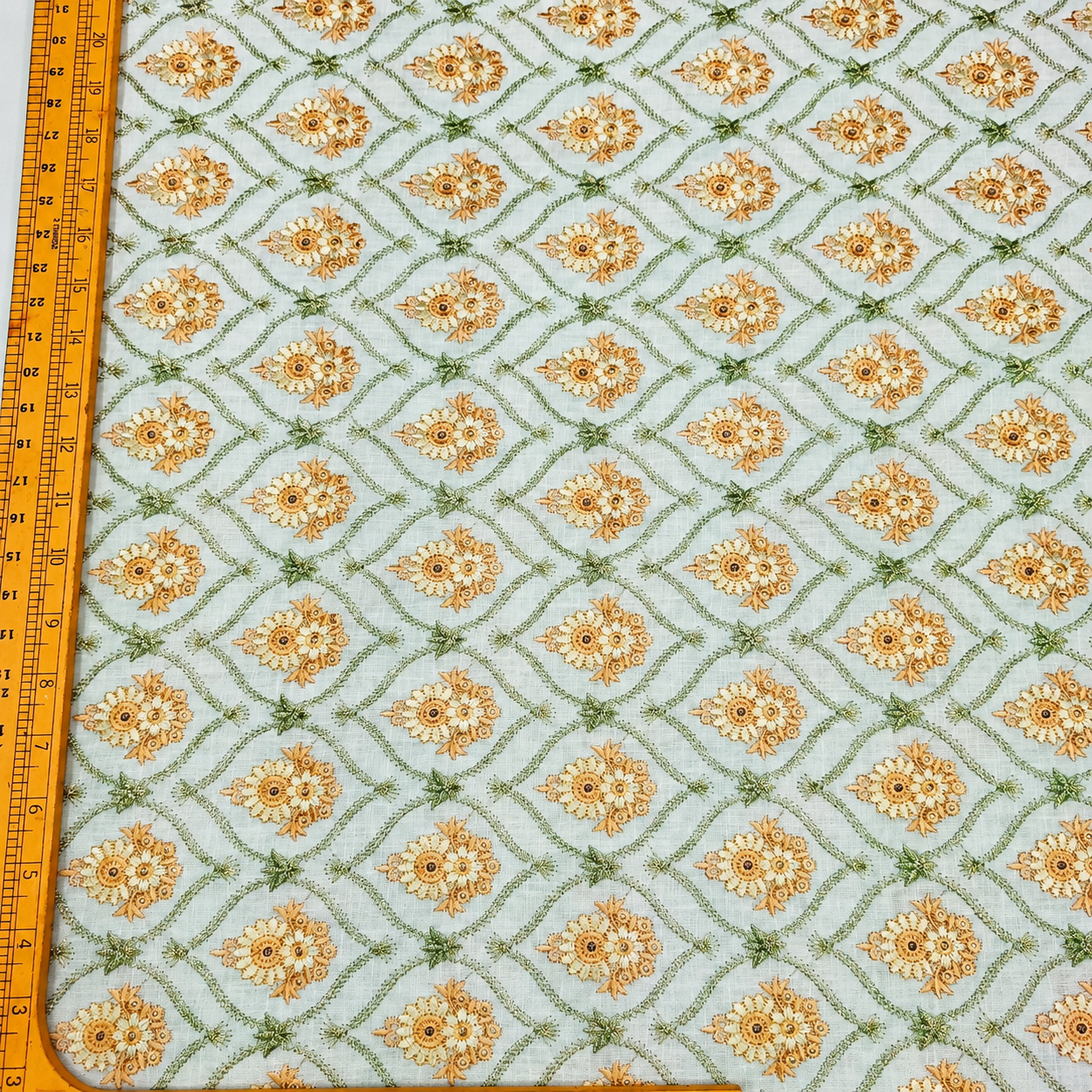 Powder Blue Linen Embroidery Fabric with Floral Buta & Sage Green Trellis Design | Designer Dress Material