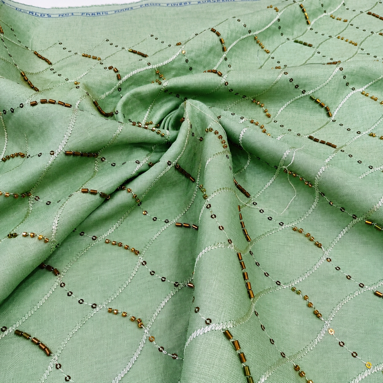 Mint Green Linen Embroidery Fabric with Sequins & Beaded Diamond Trellis Design | Premium Designer Dress Materi