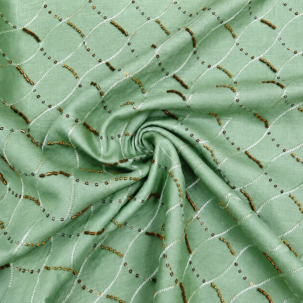 Mint Green Linen Embroidery Fabric with Sequins & Beaded Diamond Trellis Design | Premium Designer Dress Materi