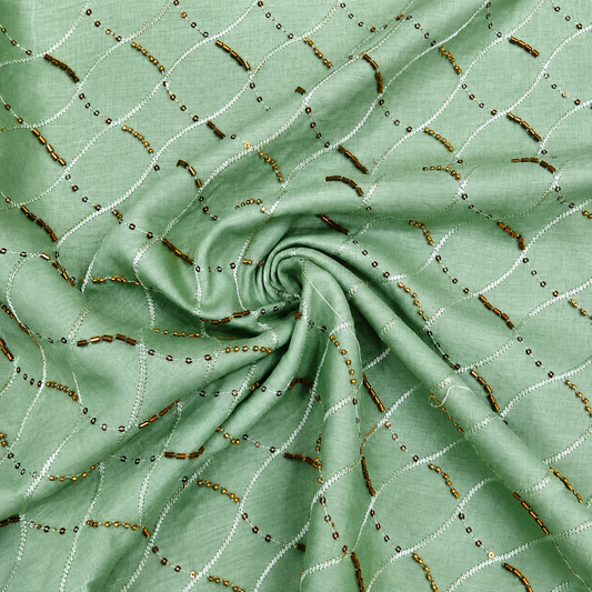 Mint Green Linen Embroidery Fabric with Sequins & Beaded Diamond Trellis Design | Premium Designer Dress Materi